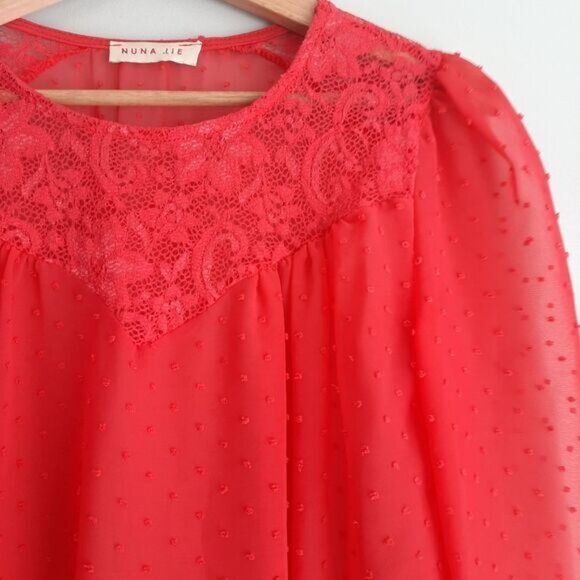 NUNA LIE Swiss Dot & Lace Semi-Sheer Lightweight Blouse Top Coal Red Sz S - Picture 5 of 12